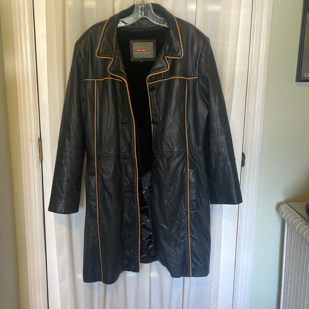 Black with Tan Trim Long Leather Jacket